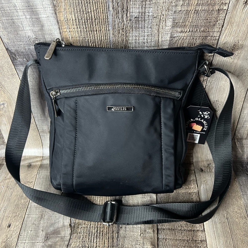 ROOTS 73 Black Adjustable Messenger Crossbody  Nylon Zip Top Pocket Shoulder Bag - Picture 3 of 12